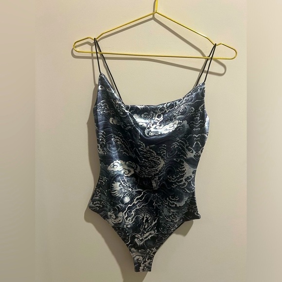 NWOT Bear Dance Cowl Neck, Dragon Print Satin Bodysuit - Picture 3 of 11